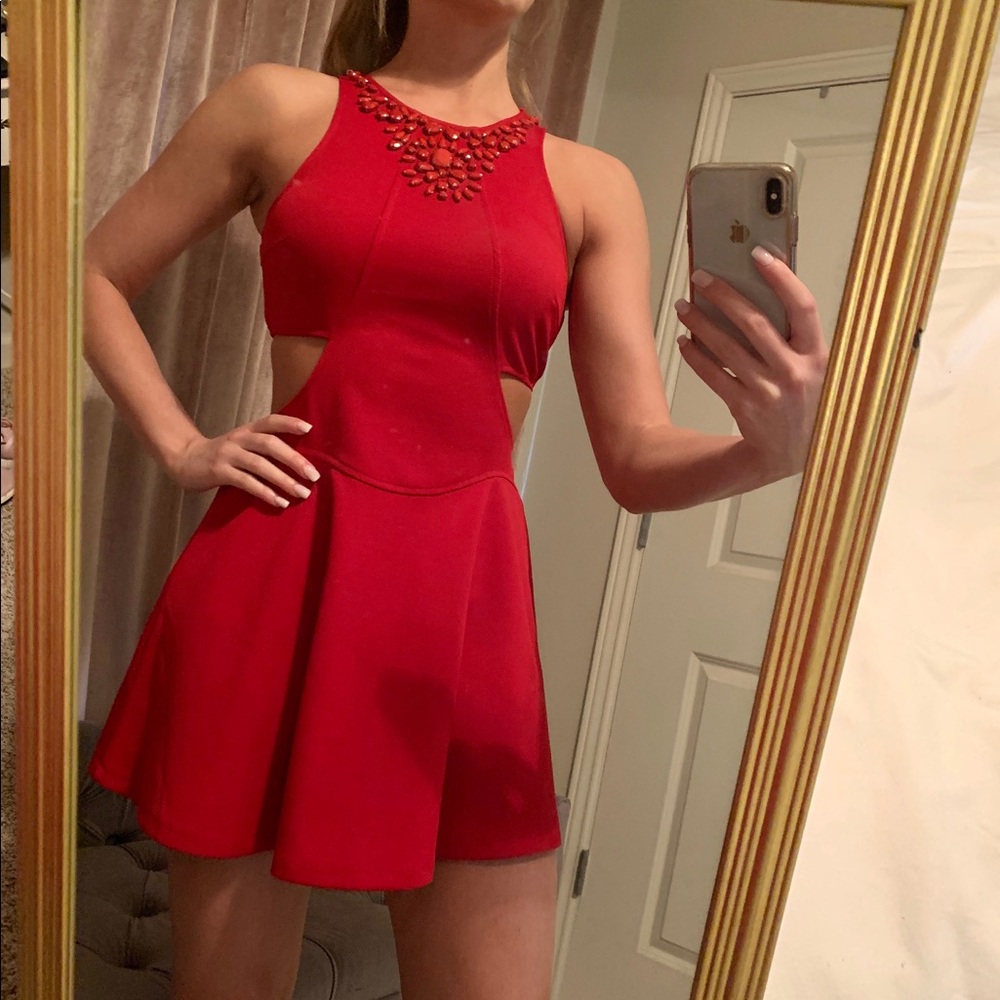 Mustard Seed Red Mini Dress with Jewel Neckline